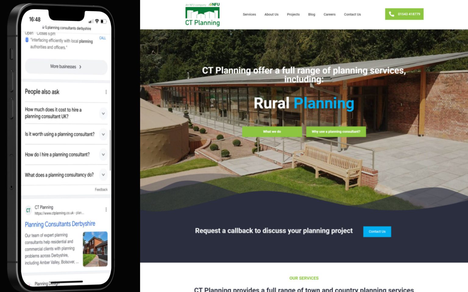 snapshots of ct planning website and their presence in google search for the query planning consultants derbyshire