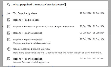 Screenshot of GA4 AI Insights showing possible reports for the query "What page had the most views last week?"