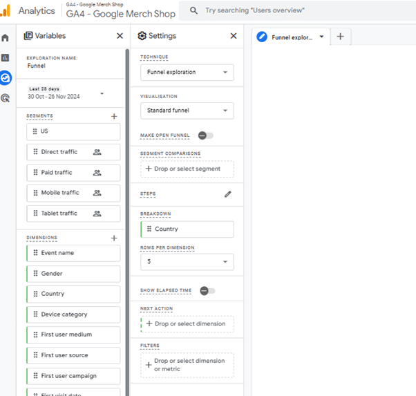 ga4 funnel explorations ui